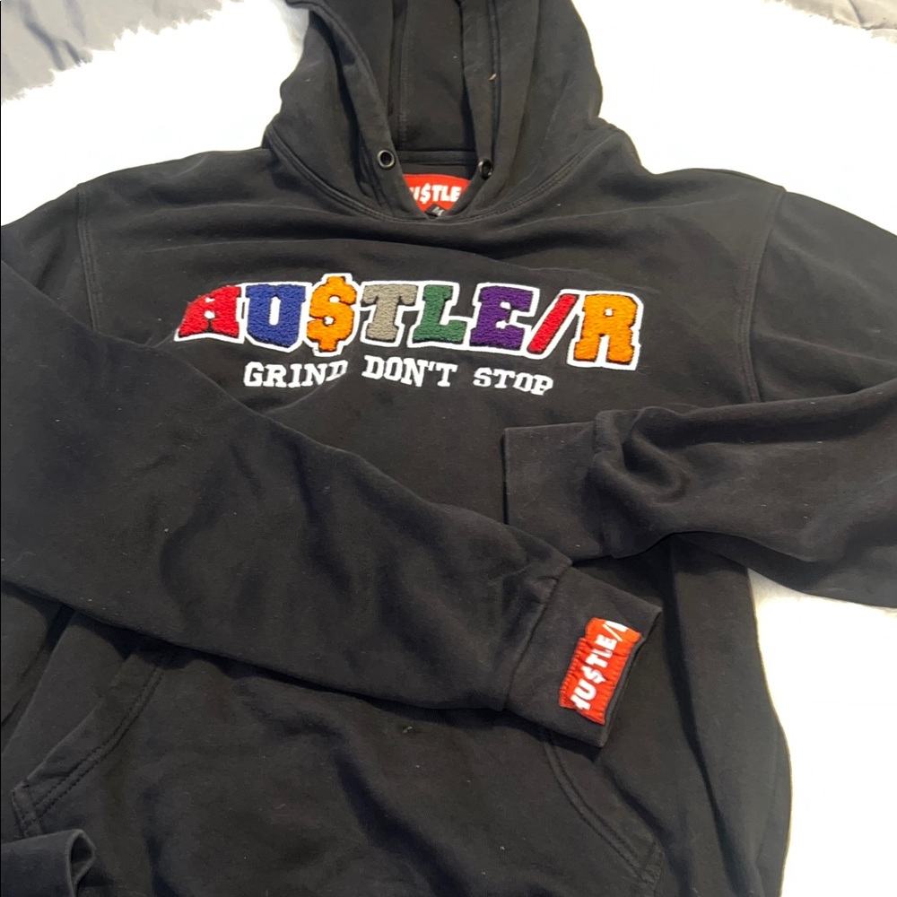 Black Hoodie with Red Hustle Logo Hustler size medium black hooded sweatshirt